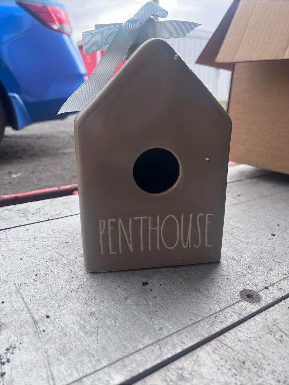 Rae Dunn Taupe "PENTHOUSE" Ceramic Birdhouse with Blue Ribbon
